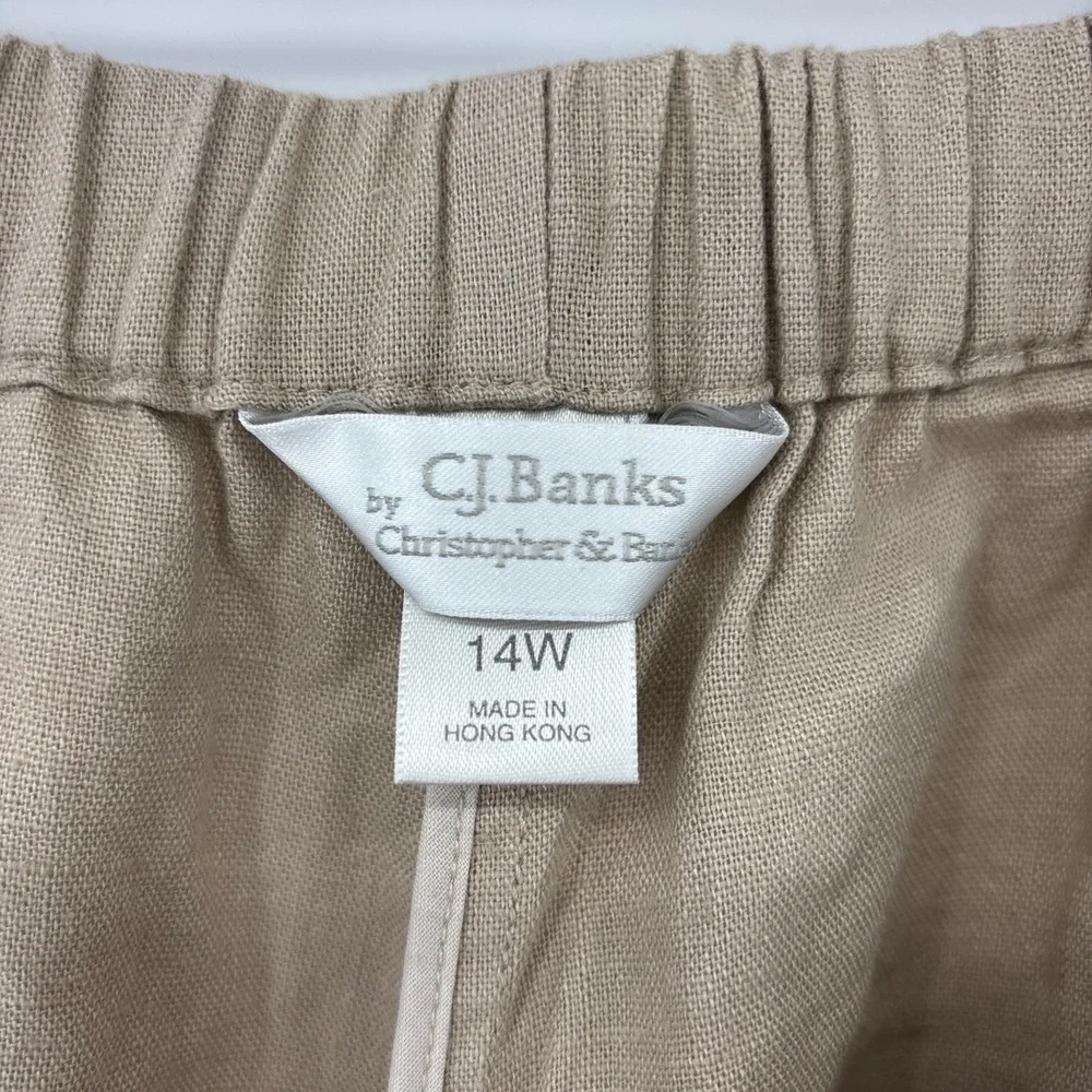CJ Banks Linen Cotton Wide Leg Pants Womens 14W Beige Neutral‎ Embroidered Boho